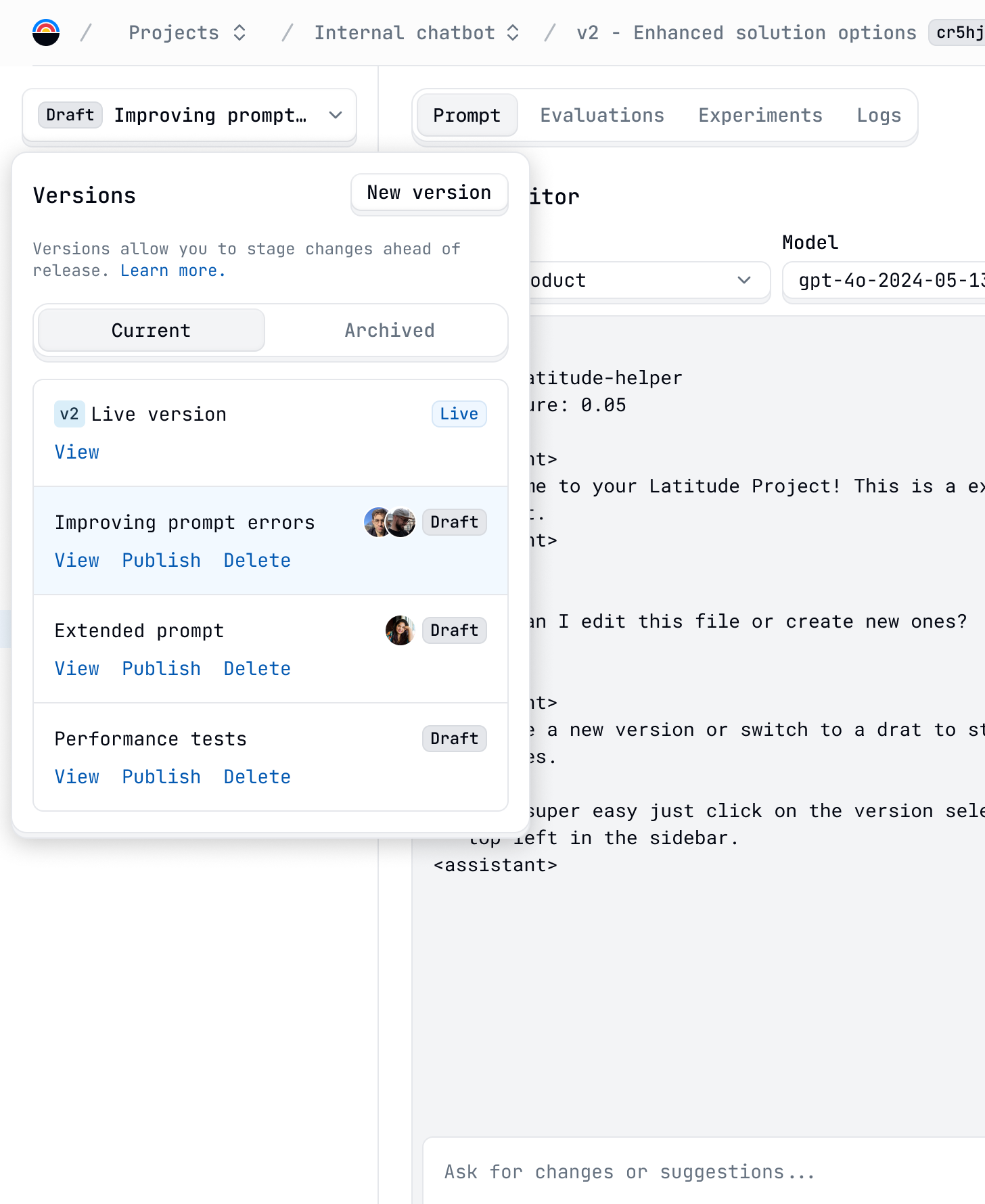 An image of the version selector of a project